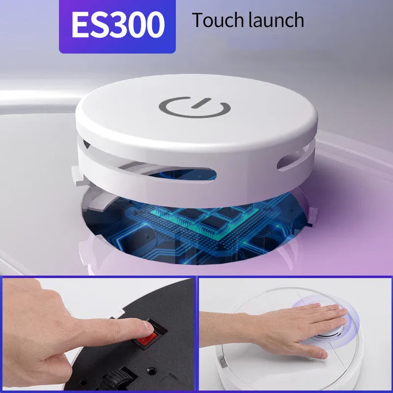 Automatic floor sweeping robot with circular ABS plastic body, 28cm diameter.
