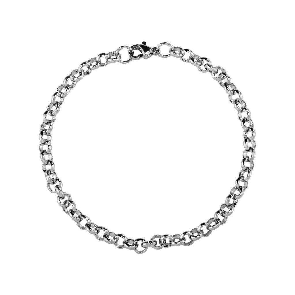 Silver stainless steel men's punk ring buckle necklace with O-ring chain on a neutral background