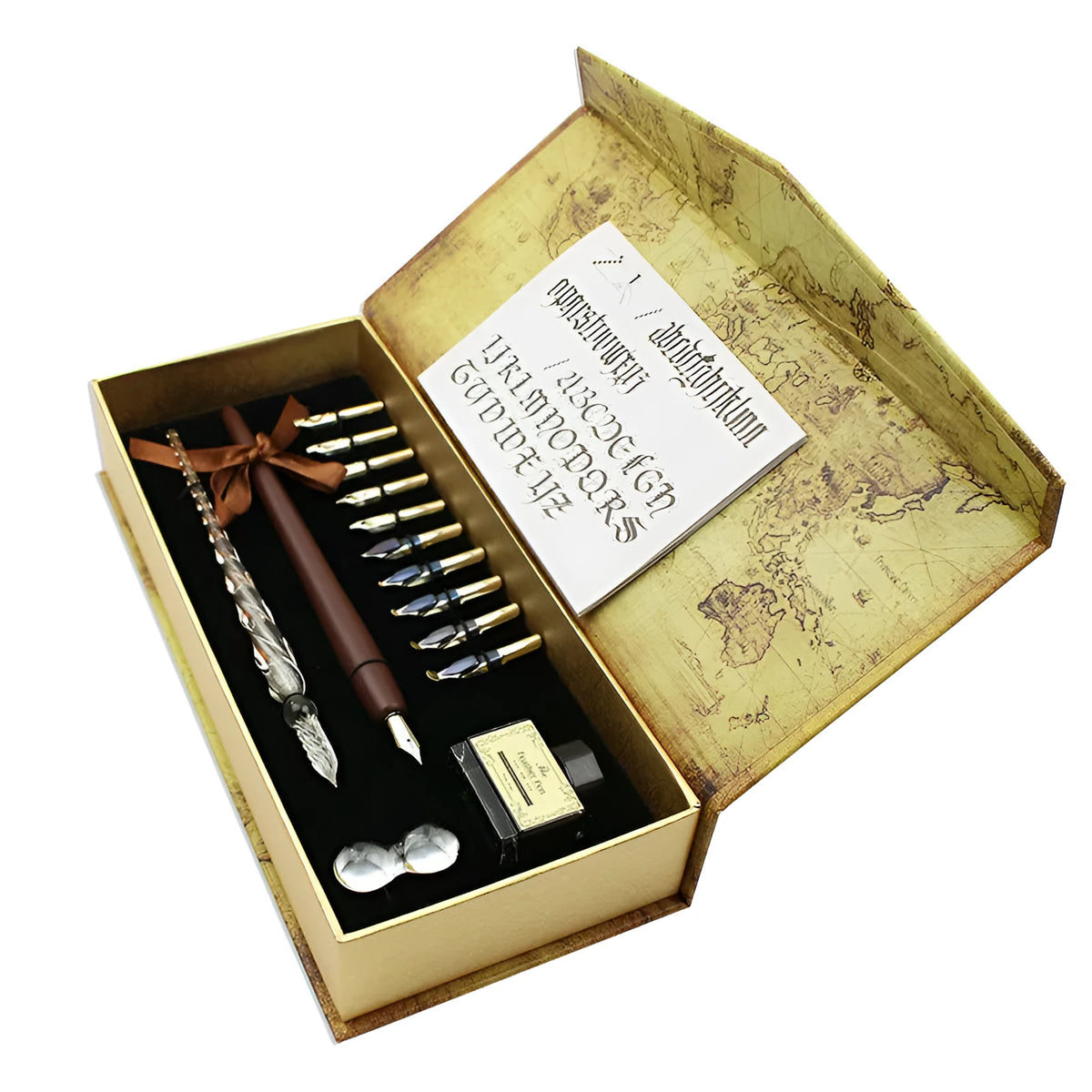 Handmade crystal glass and wooden dip pen set in gift box with stainless steel nib, retro design for calligraphy