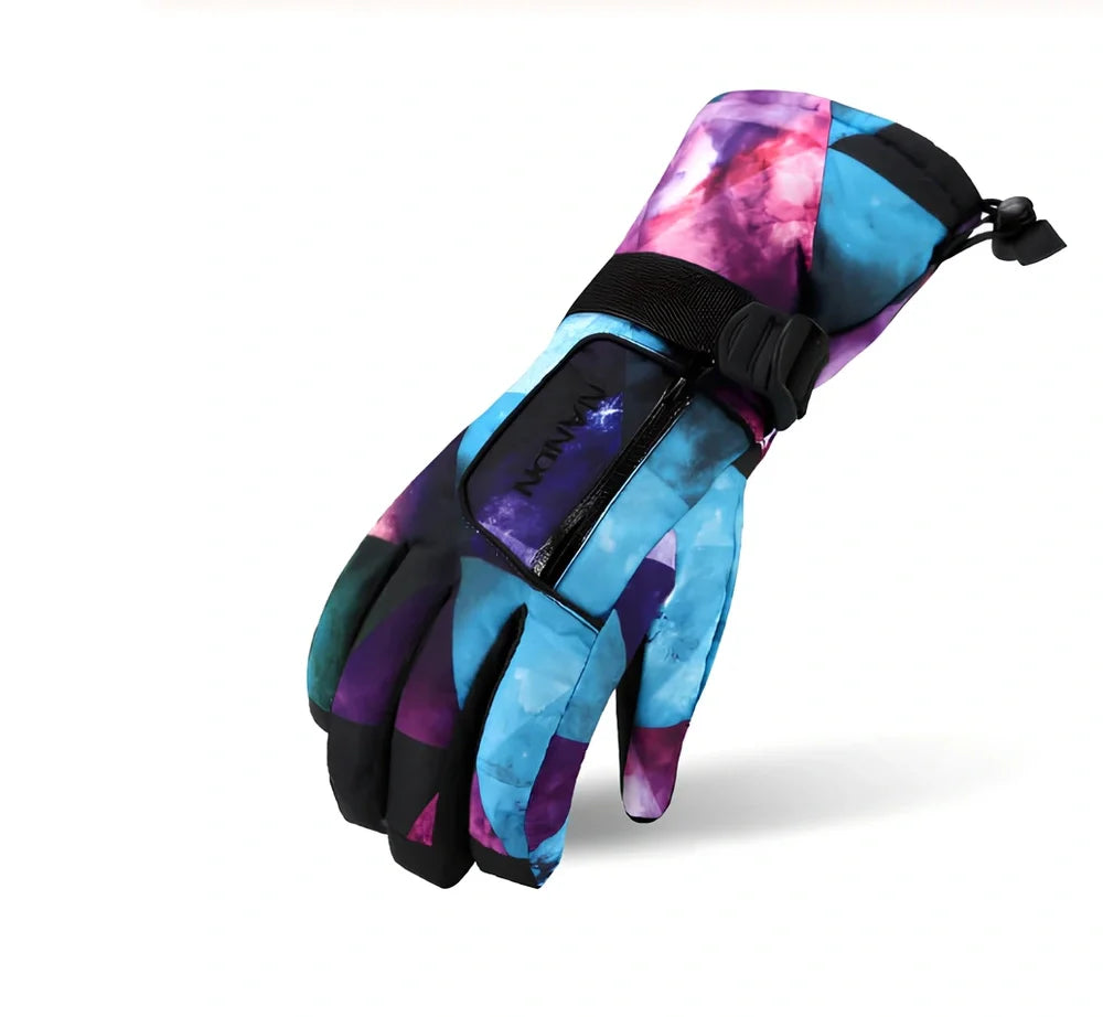 Black ski gloves with diamond-shaped anti-slip palm material for grip and durability, sizes S to XL available