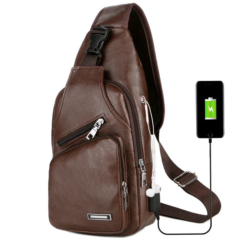 USB portable charging chest bag with headphone jack in various colors