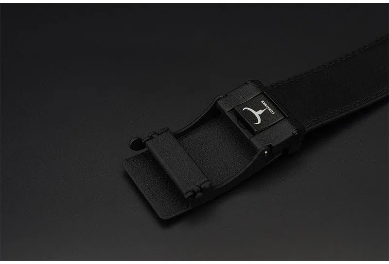 Automatic buckle two-layer cowhide belt men black rectangle alloy buckle single loop