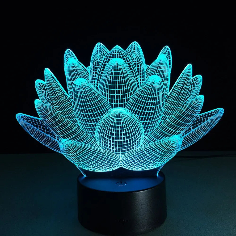 White acrylic lotus-shaped LED night light with touch control on a wooden surface