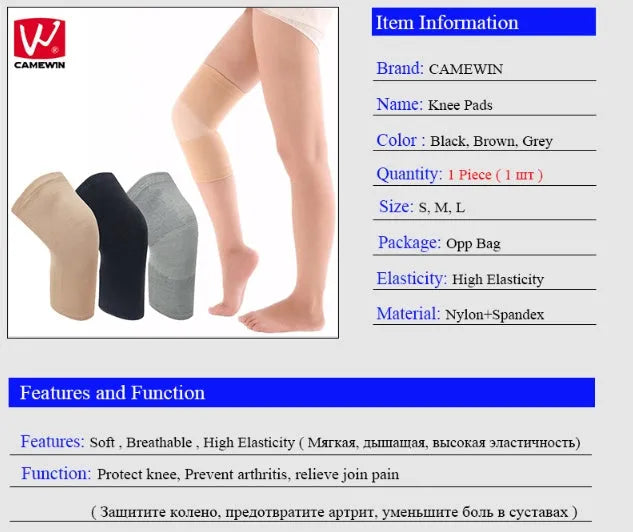 Black knee support sleeve for joint pain and arthritis relief, made from nylon and spandex, available in sizes S M L