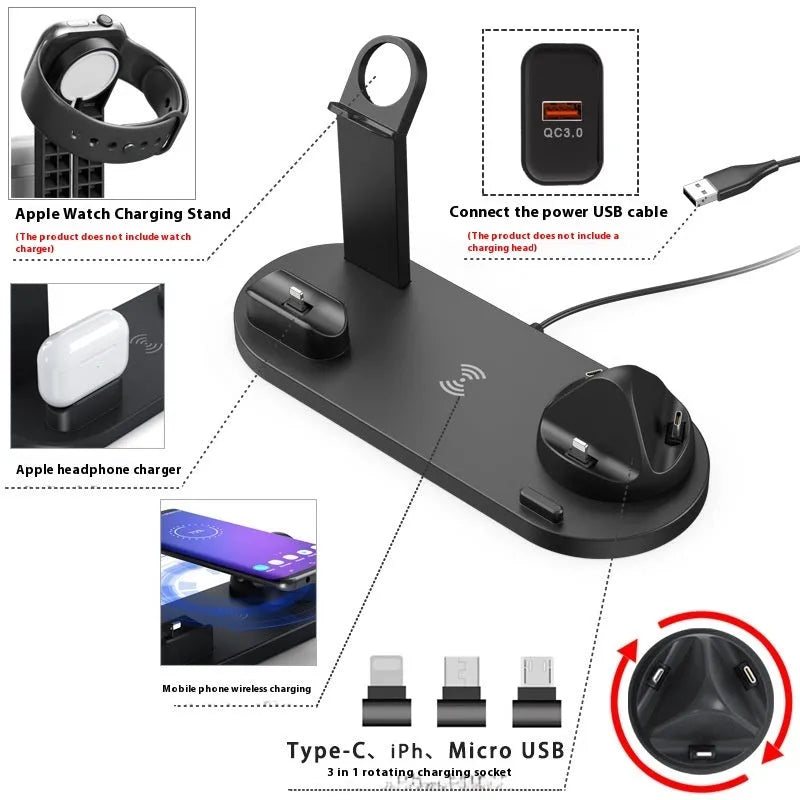 15W wireless charging stand holding phone, Apple Watch and AirPods in black finish