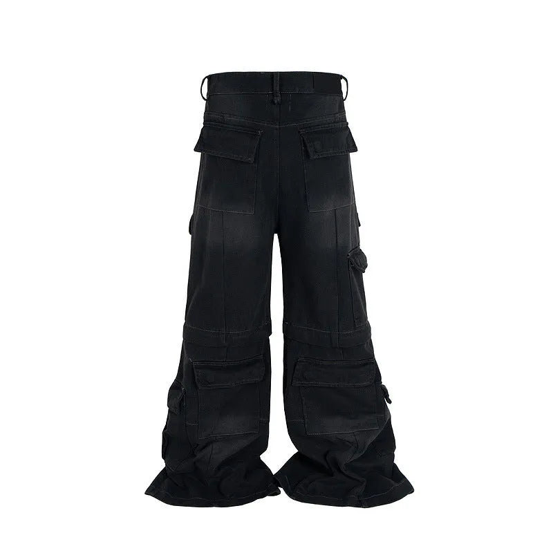 Teenager wearing detachable washed-out blue overalls with multiple pockets and zip fly
