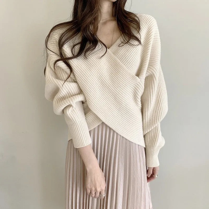 Women's polyester knitted sweater in loose fit long sleeve pullover style in apricot colour