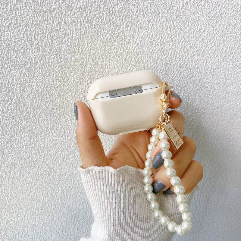 Rice White Bear TPU silicone protective shell for AirPods case with pearl chain