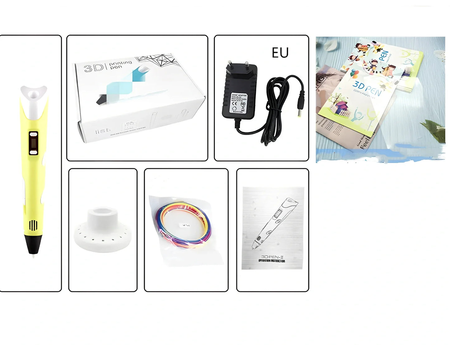 Yellow Children's 3D Printing Pen with USB, base, and 3m 3-colour consumables for three-dimensional drawing