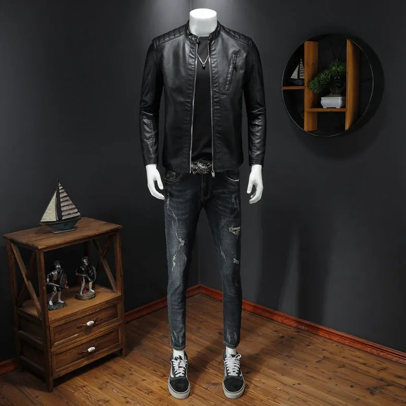 Men's plus size PU leather jacket with stand collar and zipper pockets in black, front view