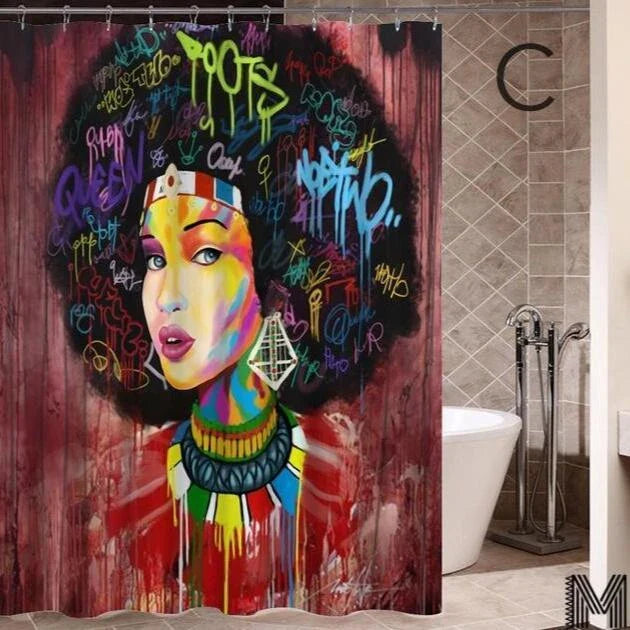 Colorful African girl portrait with graffiti art and modern buildings on a shower curtain