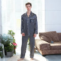 Men's blue stripe simulated silk pyjama suit with polyester fabric, two-piece set on hanger