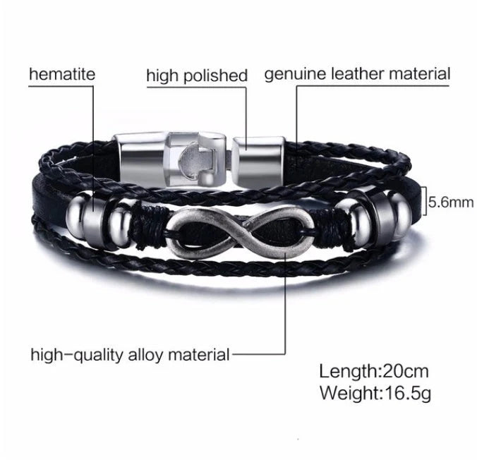 Alloy lucky figure 8 leather bracelet with adjustable leather strap and stainless steel accents
