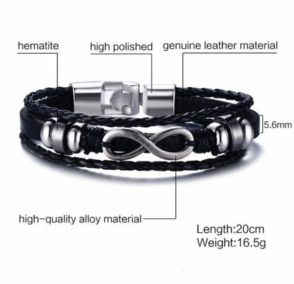 Alloy lucky figure 8 leather bracelet with adjustable leather strap and stainless steel accents