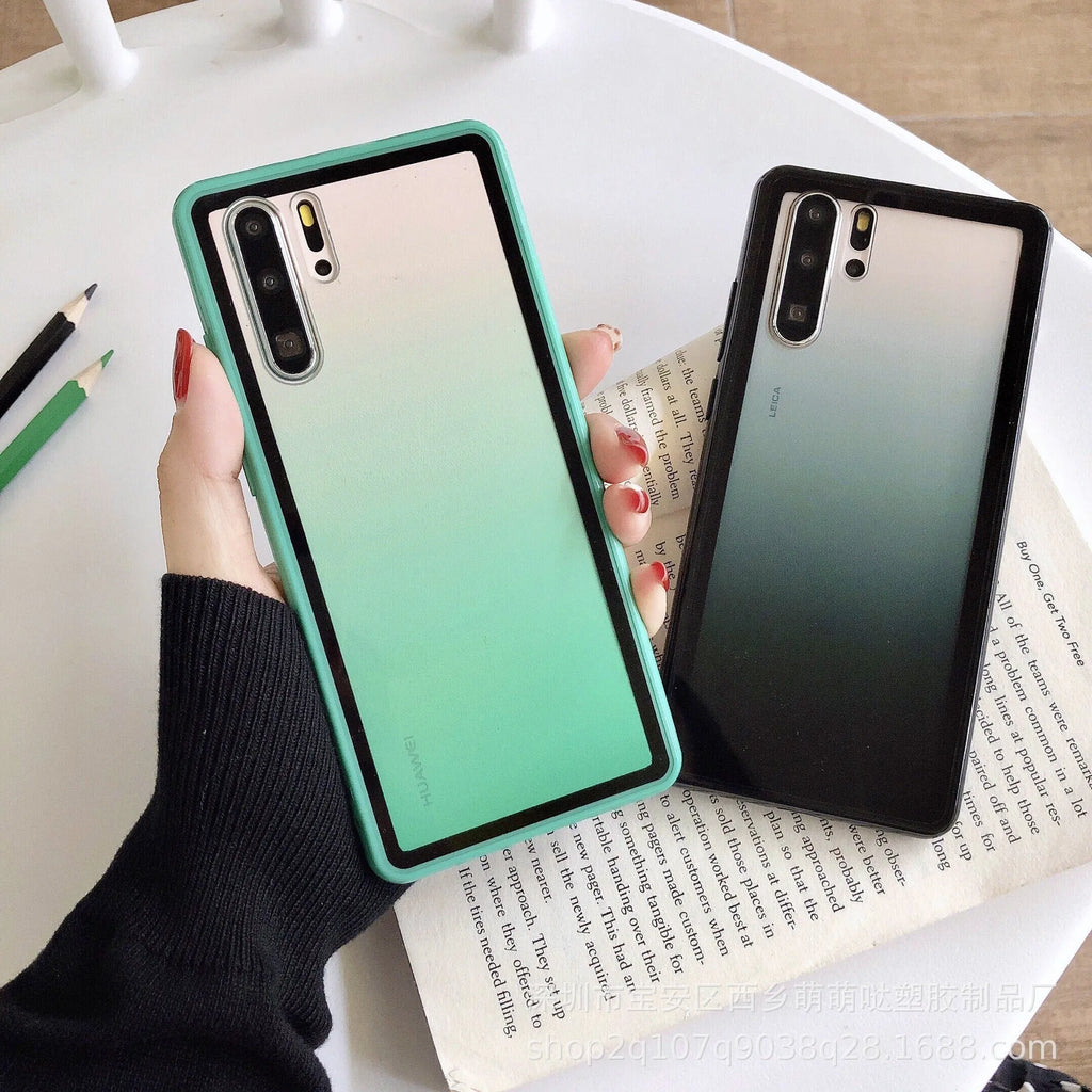 Rainbow gradient Huawei smartphone case showing TPU bumper and polycarbonate backplate