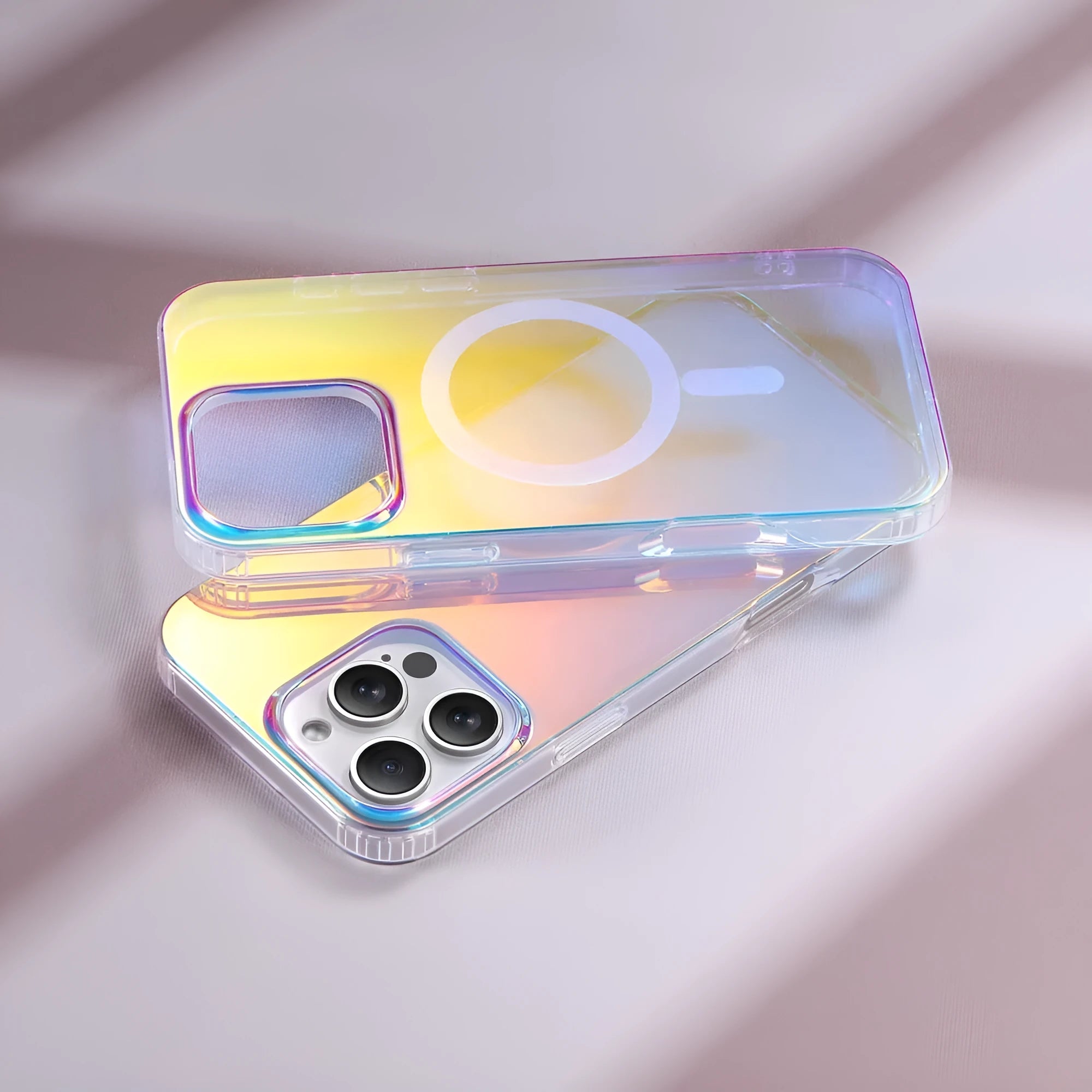Glossy chameleon colour-changing magnetic suction case for iPhone on a white background