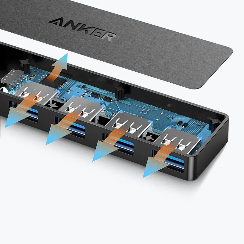 Black Anker 4-port USB 3.0 hub with 20cm cable showing compact 30x107mm dimensions