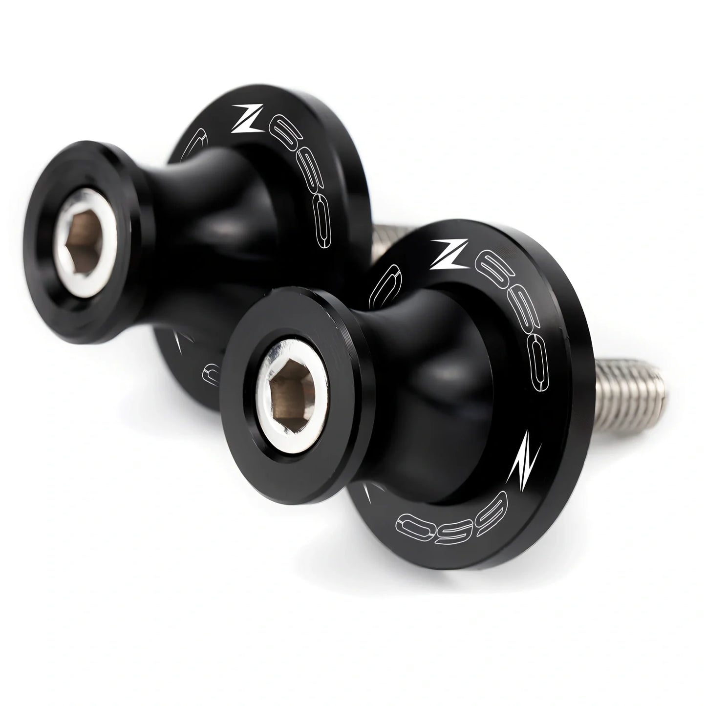 Pair of 8mm CNC aluminium swingarm spools sliders in titanium for Kawasaki Z650 Z900, with Delrin contact and stainless bolts