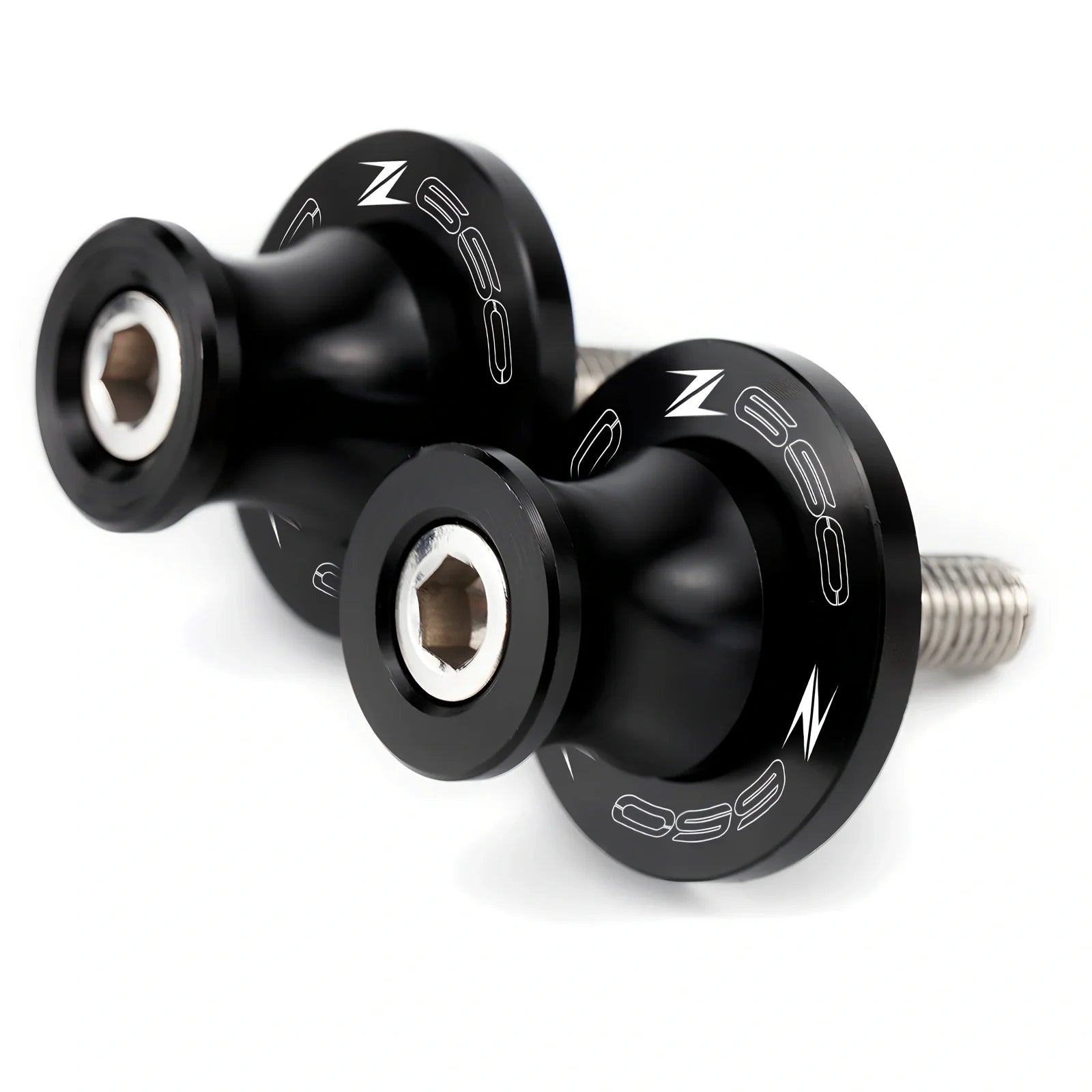 Pair of 8mm CNC aluminium swingarm spools sliders in titanium for Kawasaki Z650 Z900, with Delrin contact and stainless bolts