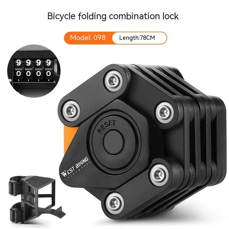 Black bicycle combination lock with flip-action mechanism and 4-digit dials for key-free security