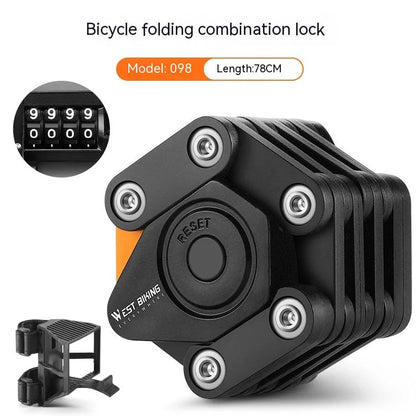 Black bicycle combination lock with flip-action mechanism and 4-digit dials for key-free security