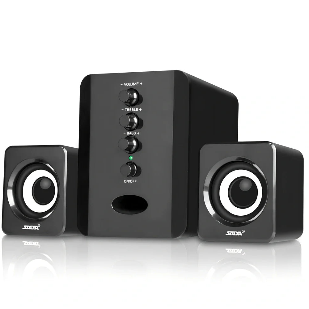 Black compact USB computer speakers set with main unit, two satellites, 1m cables, and 3.5mm port for 3W stereo audio