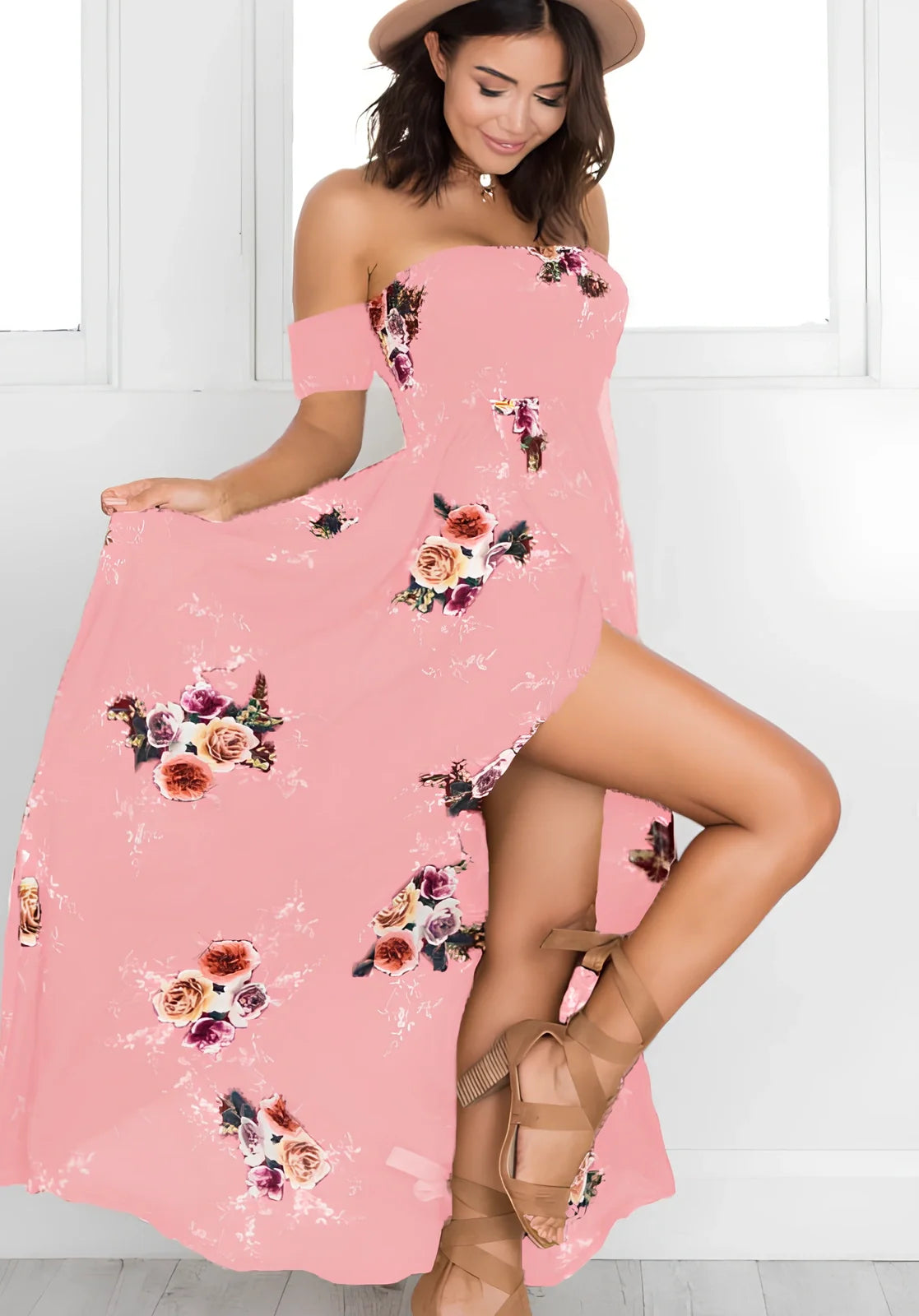 Women's boho off-shoulder summer dress in stretch fabric with beach-ready design