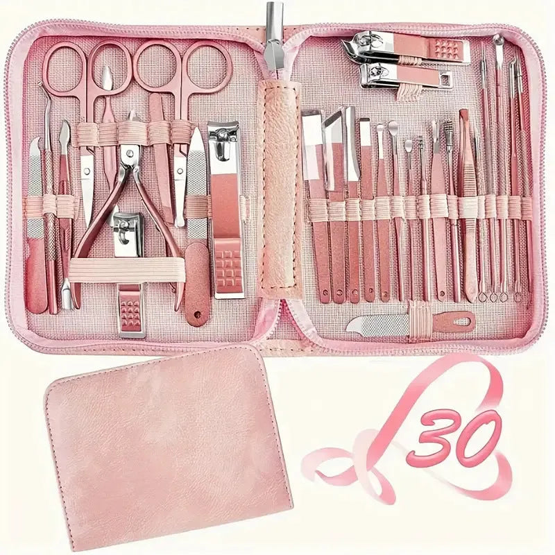 30-piece stainless steel nail tool set in selected colour showing multiple implements