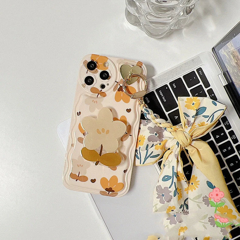 Autumn leaves floral pattern phone case with silk scarf and folding bracket for iPhone