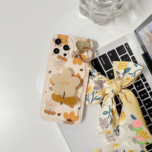 Autumn leaves floral pattern phone case with silk scarf and folding bracket for iPhone