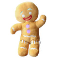 Yellow cartoon anime cookie man plush toy standing on a surface, side view, 30cm height