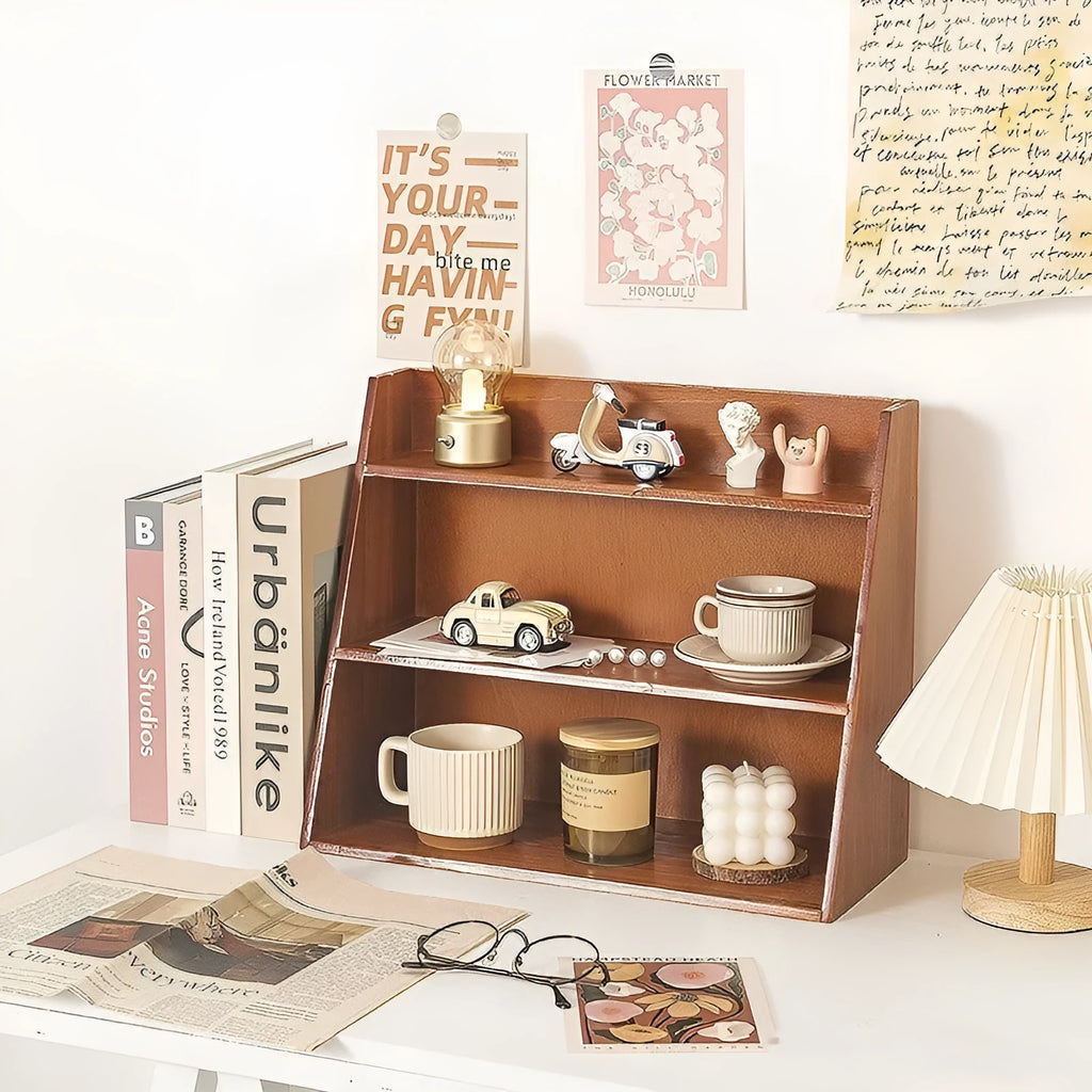 Solid wood multi-layer cup storage box in wood tone, with three layers for organising mugs and cups.
