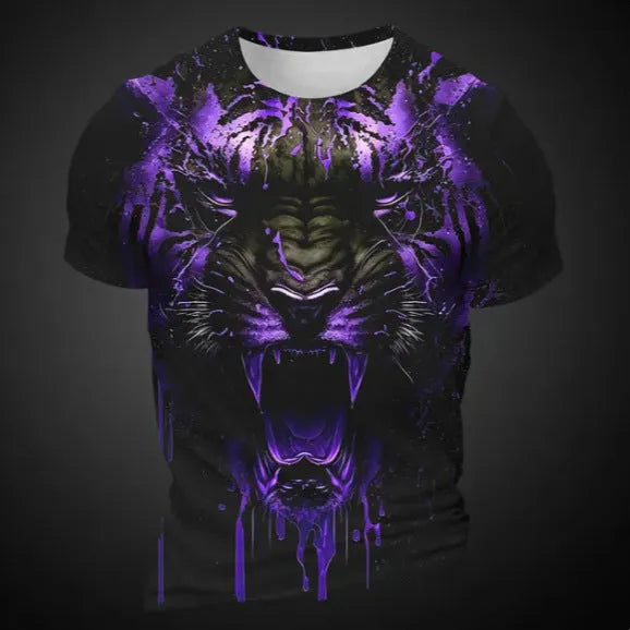 Men's short sleeve T-shirt with a detailed 3D tiger pattern print on light fabric.