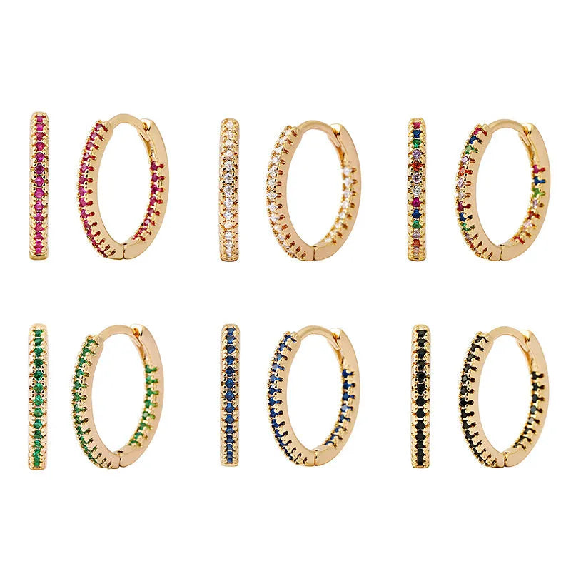 Circle clip-on earrings with multicolour zircon stones, copper base with gold plating, geometric round shape