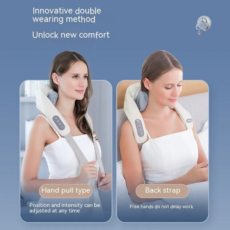 Beige neck massager with PU leather cover and six massage nodes on display against white background