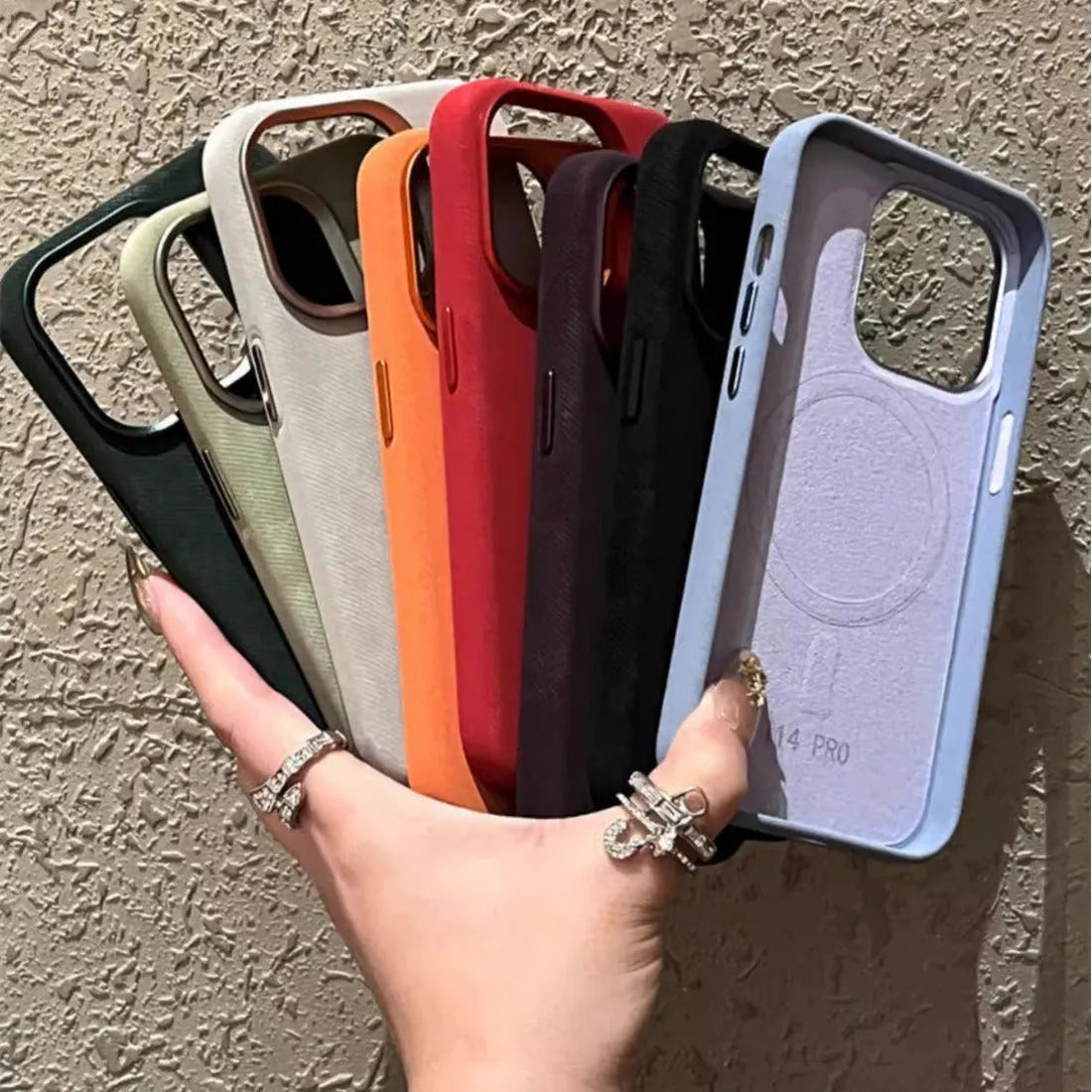Silver grey magnetic velvet hard case for Apple iPhone, showing front view and magnetic ring detail.