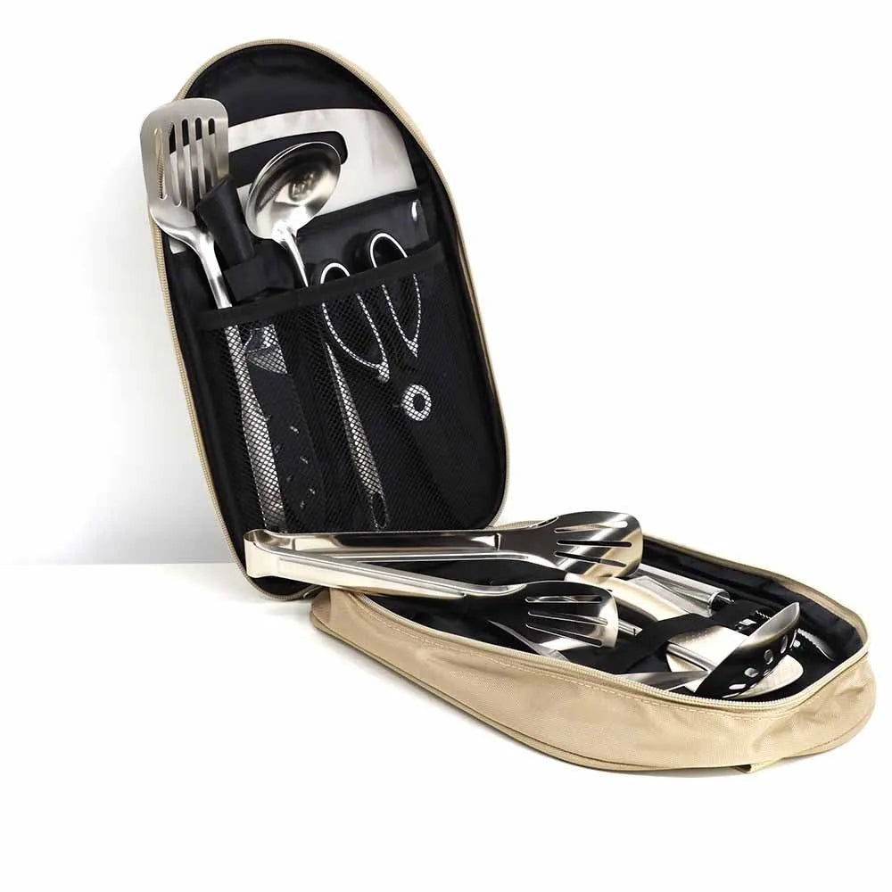 Brown portable storage bag containing a 12-piece stainless steel picnic kitchenware set.