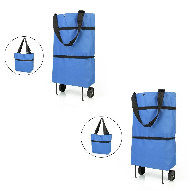 Folding shopping cart with wheels and reusable bags in various colors