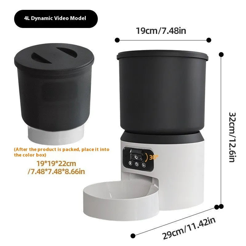 4-litre smart pet feeder with smartphone app showing remote control and video feed.