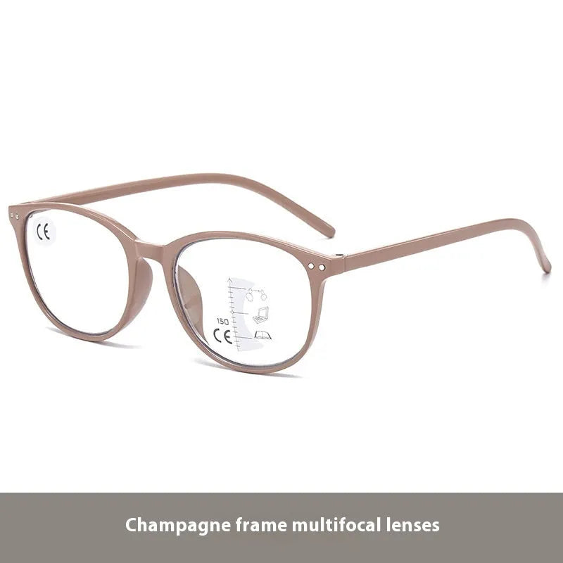 Ultra-light multi-focus presbyopic glasses with adjustable nose pads in black and champagne frame colours