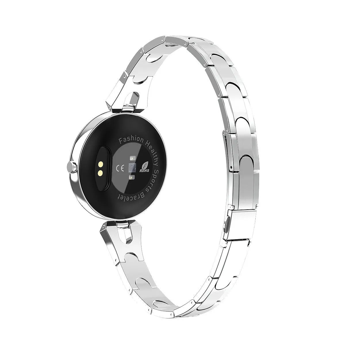 Fashion women's smart watch with round LCD screen and stainless steel strap in Rose Gold