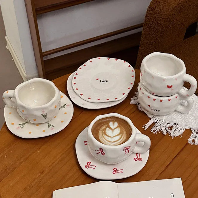 Korean ins style hand-painted ceramic cup and saucer set with red edge love cup floral pattern on saucer