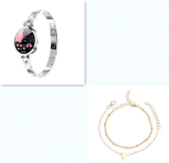 Women's waterproof smartwatch with heart rate monitor and stainless steel strap