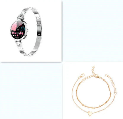 Women's waterproof smartwatch with heart rate monitor and stainless steel strap