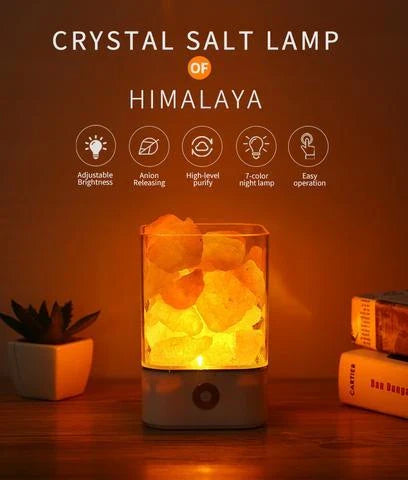 Himalayan salt lamp with natural pink-orange glow, releasing negative ions to purify the air and create a calming, relaxing atmosphere