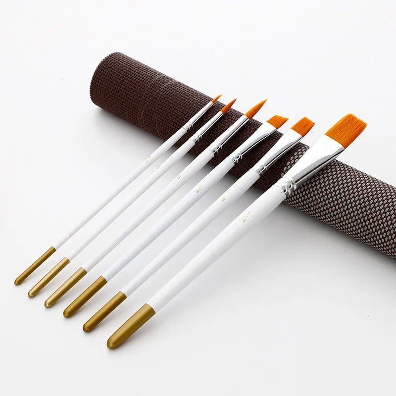 Set of six watercolour acrylic paint brushes with wood handles and nylon wool bristles in assorted sizes