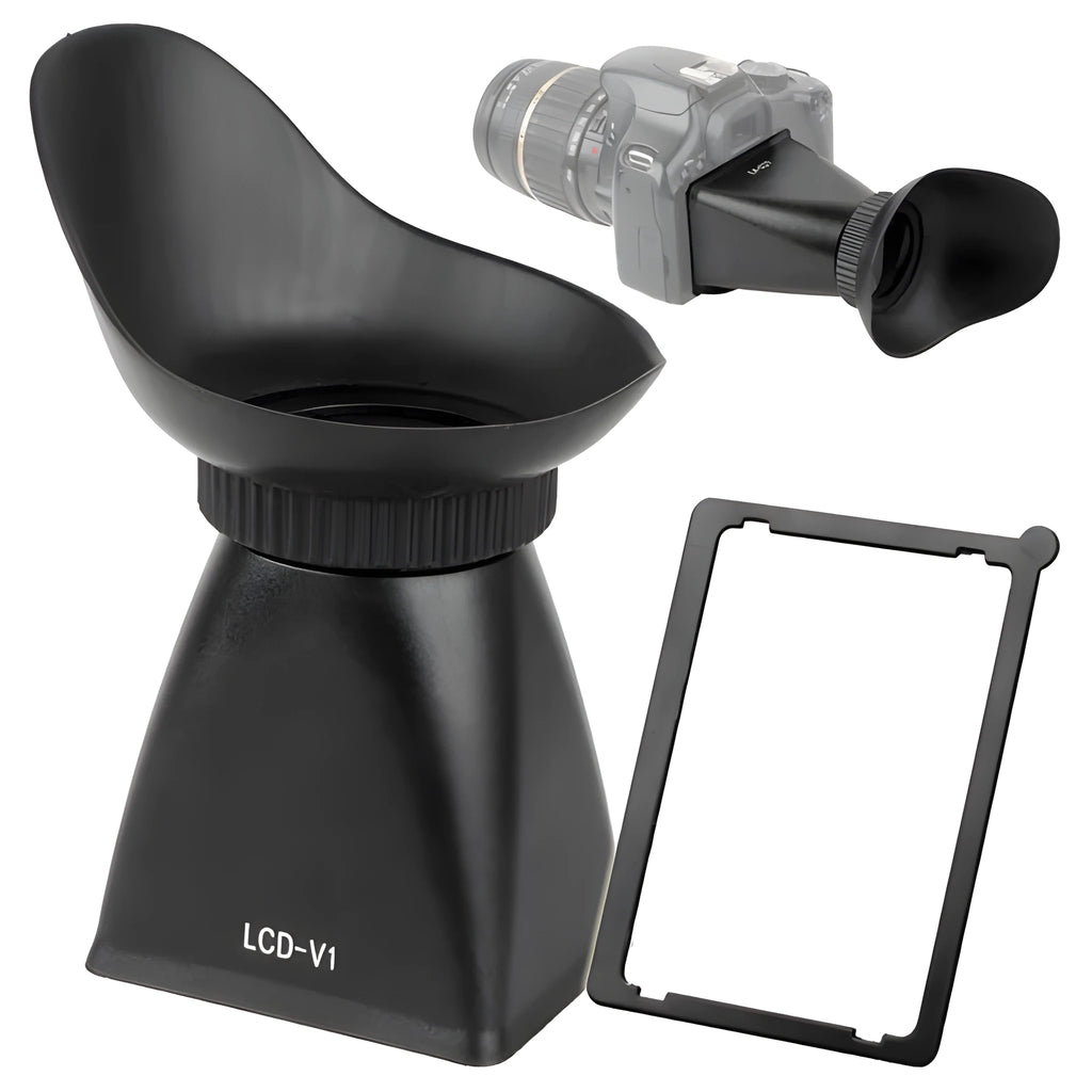 Black camera LCD viewfinder with magnification lens and magnetic mount for DSLR and mirrorless cameras.