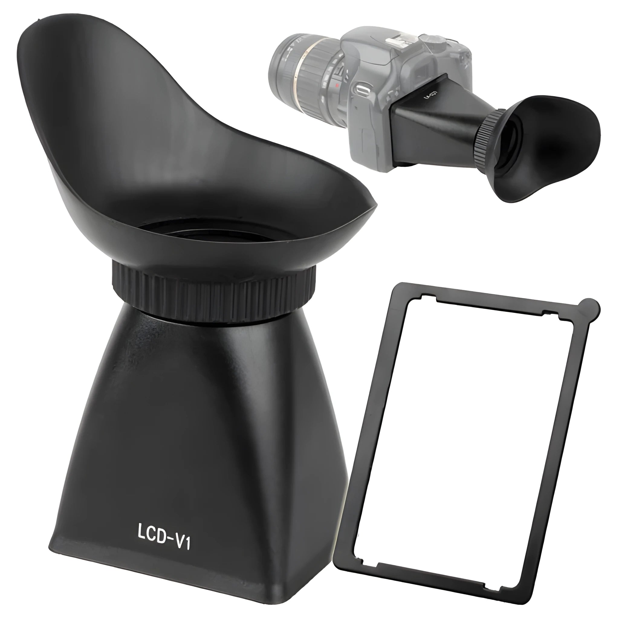 Black camera LCD viewfinder with magnification lens and magnetic mount for DSLR and mirrorless cameras.