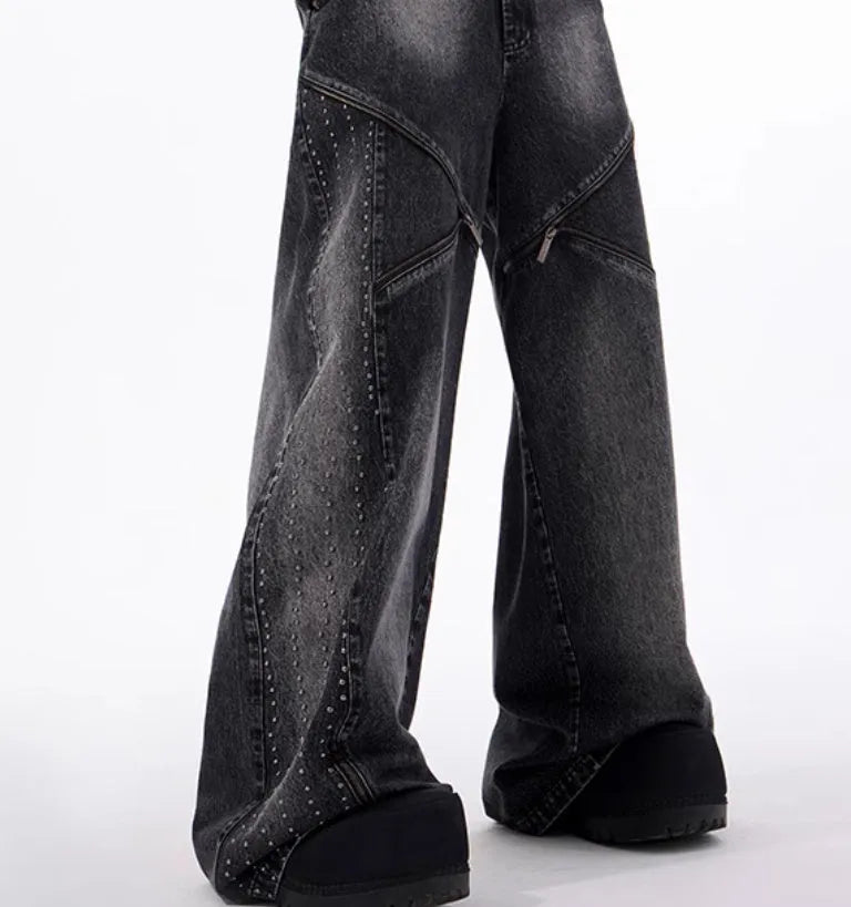 Black and grey washed wide leg pants with matching waistcoat, Korean style cotton denim set