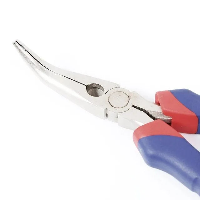 Curved nose pliers with blue double-colour rubber-sleeved handles for precision electronic work